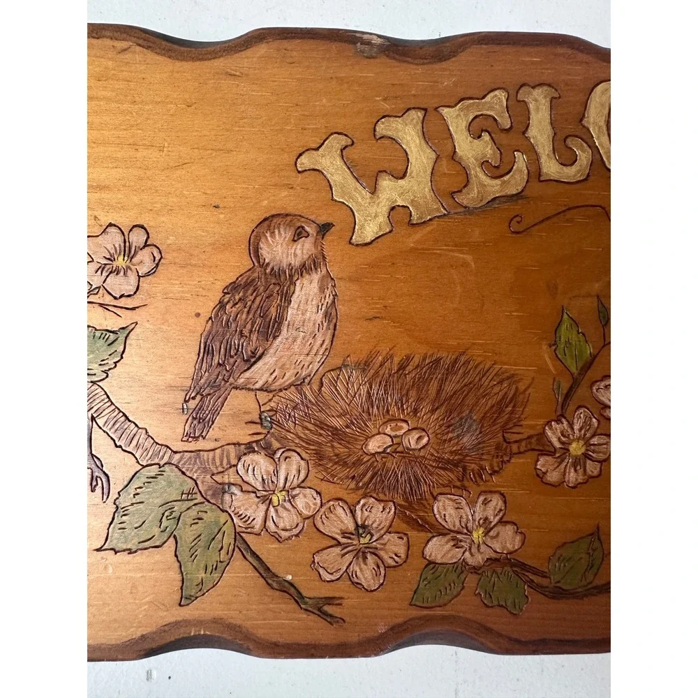 Vtg Welcome Sign Wood Bird Nest Plaque Rustic Cottagecore Wall Art